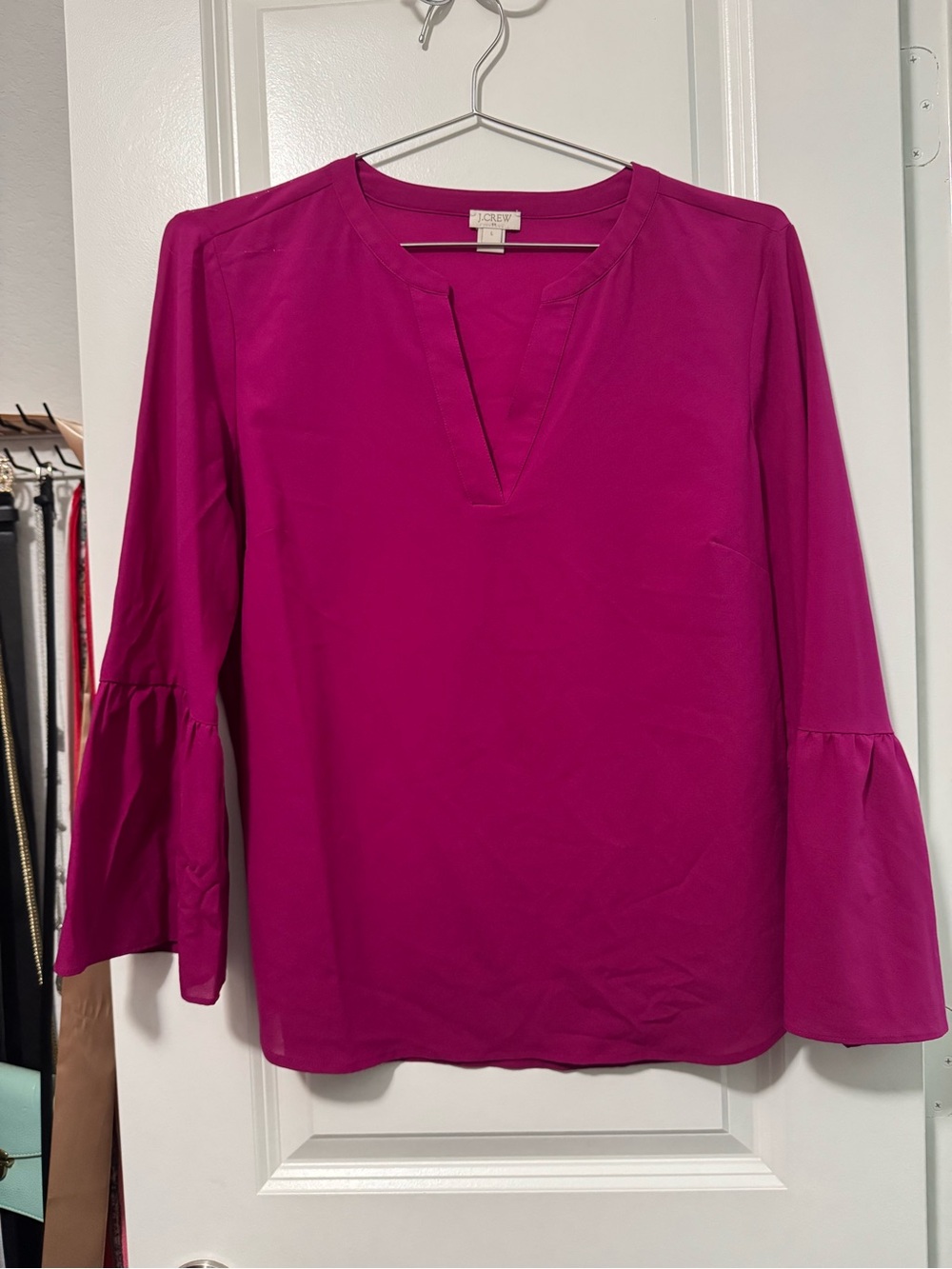 J. Crew Women’s Magenta Split-Neck Bell-Sleeve Blouse